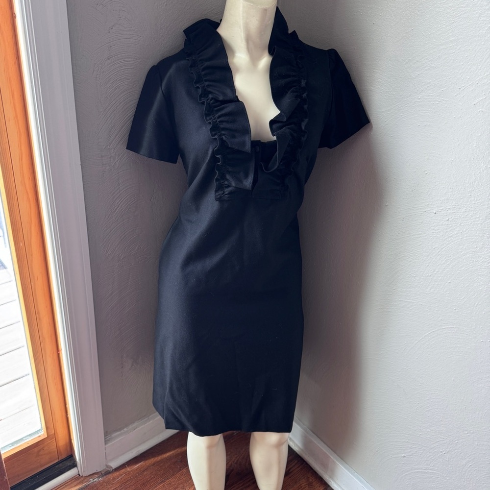 Jcrew wool dress black short sleeve ruffle neck size 2